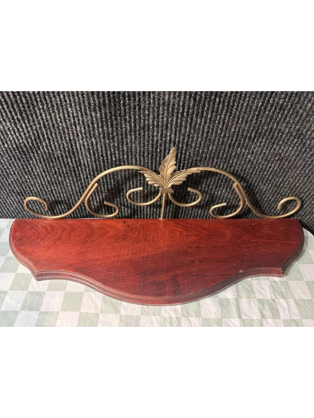 Vintage Wooden Wall Shelf with Decorative Metal Scrollwork